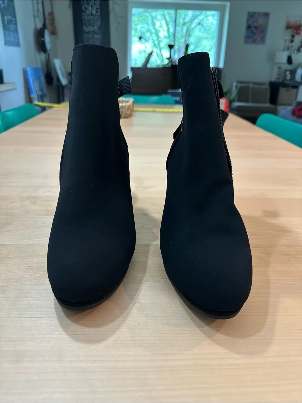 Mari. A Black Suede-Look Ankle Boots with Zipper close and Bow Accent 9